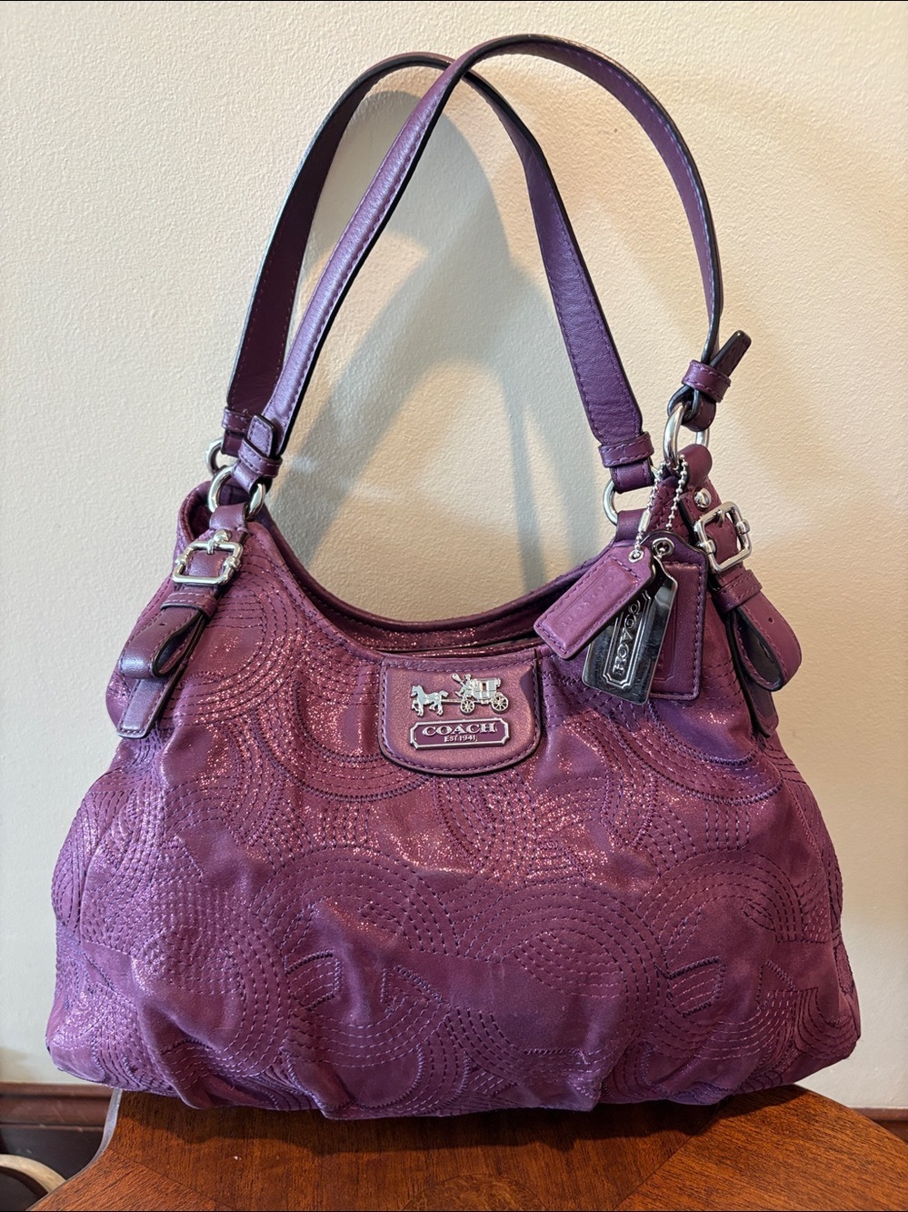Coach shoulder bag Madison Maggie Mia  metallic Plum canvas/Leather  3 hangtags
